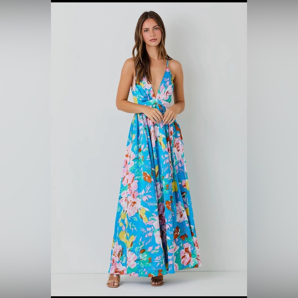 Deep V-Neck Blue Floral Maxi Dress